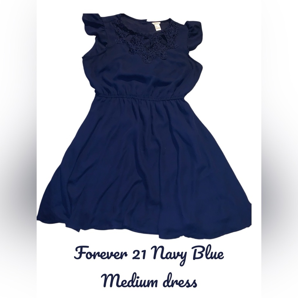 Forever 21 Med. navy blue cinched waist flutter cap sleeve lace neckline dress - Picture 1 of 7